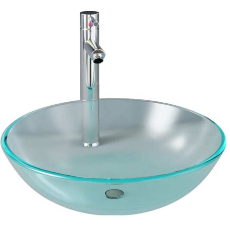 Lavabo de bain avec robinet et drain à poussoir Verre trempé CFW593792