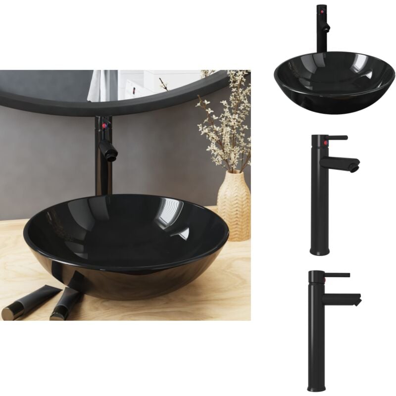 Vidaxl - Lavabo de bain avec robinet et drain à poussoir Verre trempé - Lave-mains - Lavabo Design - Lavabo Noir - Lavabo Rond - Vasque Ronde