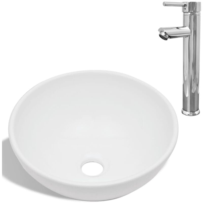 Vidaxl - Lavabo de baño con grifo mezclador cerámica redondo blanco Blanco