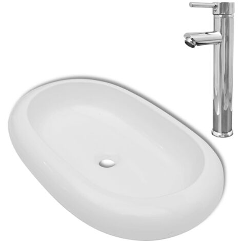 Lavabo de baño ovalado con grifo mezclador cerámica blanco