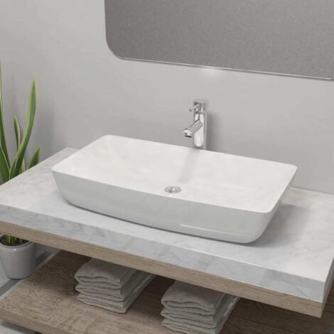 Lavabo de baño rectangular con grifo mezclador cerámica blanco vidaXL