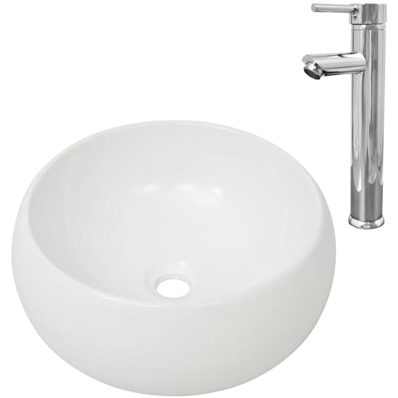 Vidaxl - Lavabo de baño redondo con grifo mezclador cerámica blanco Blanco