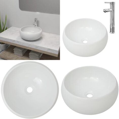 Lavabo de baño redondo con grifo mezclador cerámica blanco - Grifo mezclador - Baño moderno