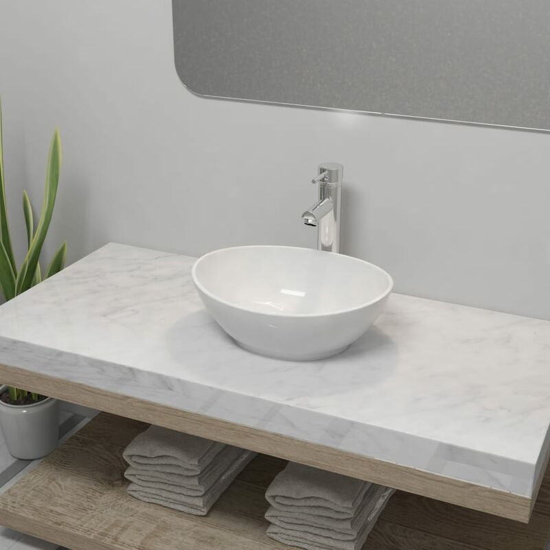 

Lavabo de baño con grifo mezclador cerámica ovalado blanco - Blanco
