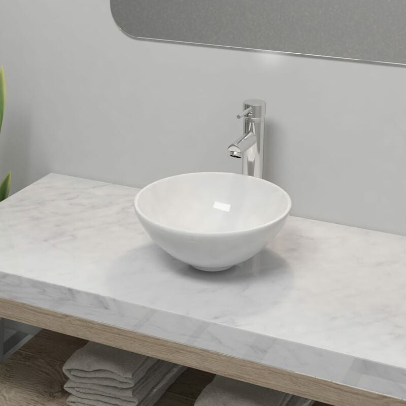 

Lavabo de baño con grifo mezclador cerámica redondo blanco - Blanco