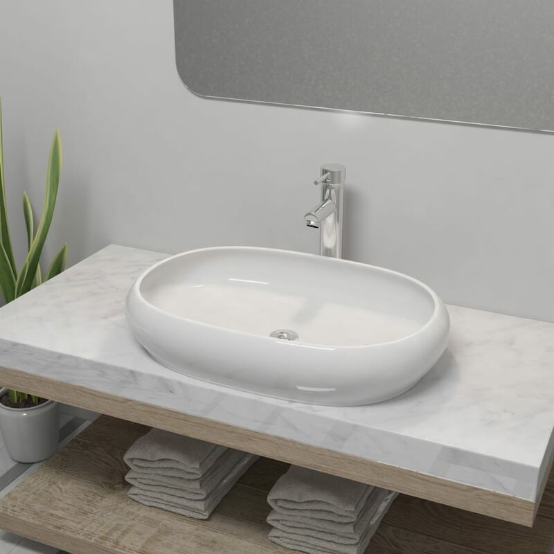 

Lavabo de baño ovalado con grifo mezclador cerámica blanco - Blanco