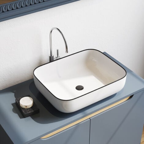 KEEPBUYING Lavabo de bord noir en Porcelaine Blanche,Vasque à Poser Rectangulaire Moderne pour Salle de Bain - 50x40x13.5cm