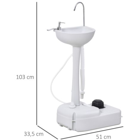 Lavabo de camping portable, capacité de 17 litres, avec distributeur de savon et porte-serviettes. Équipé de roulettes. Dimensions : 51 cm x 33,5 cm x 103 cm. Blanc.