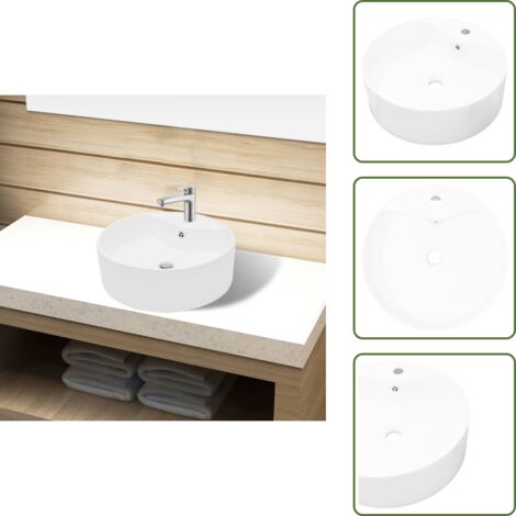 Lavabo de cerámica con agujero para grifo/desagüe blanco redondo - Baño