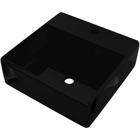 Lavabo de cerámica con agujero para grifo/desagüe negro cuadrado