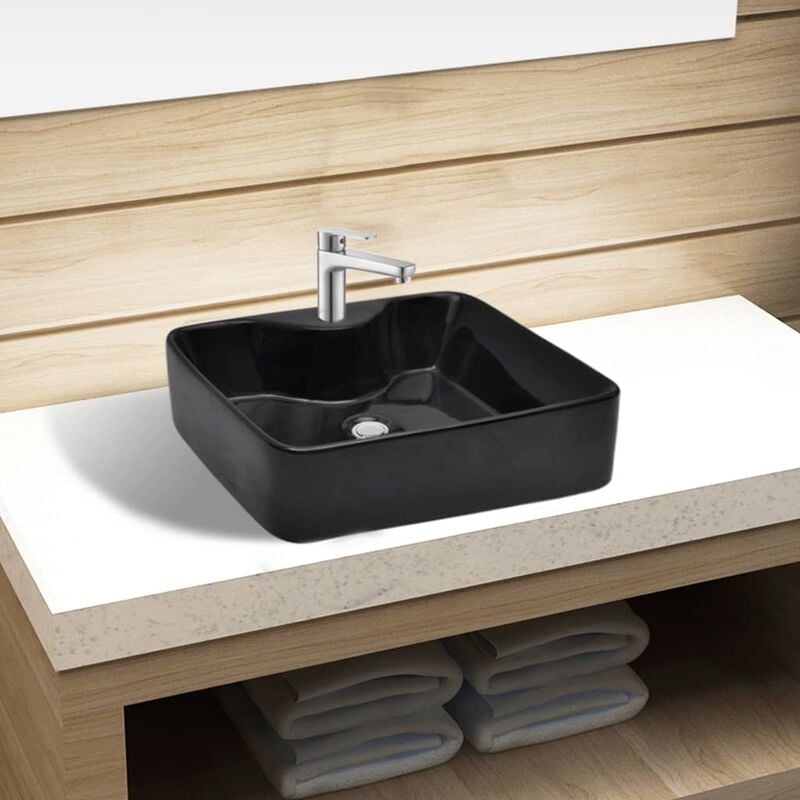 

Lavabo de cerámica cuadrado con orificio de grifo/desagüe negro