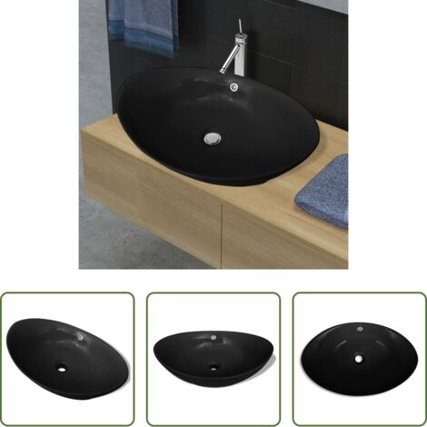 Lavabo de cerámica - Lavabo Oval de cerámica negra de lujo con desagüe, 59 x 38,5 cm