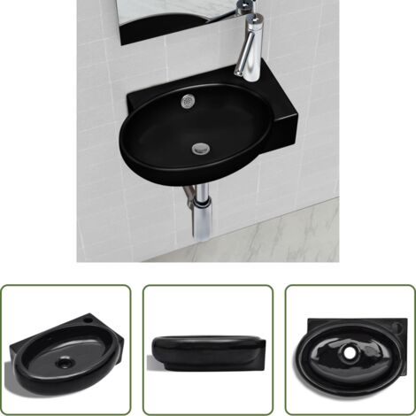 Lavabo de cerámica -  Lavabo redondo de cerámica con orificio de grifo/desagüe negro