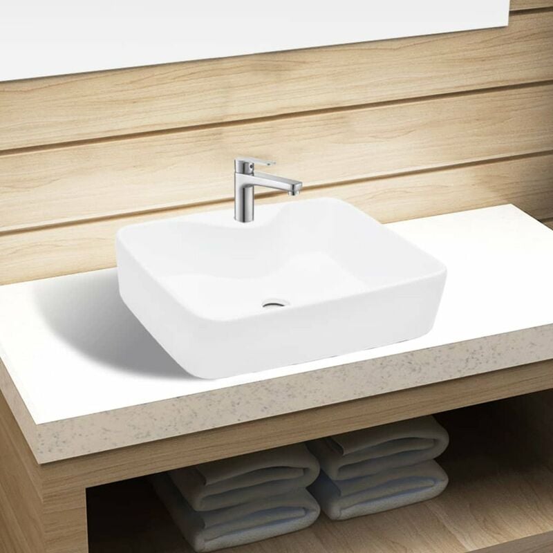 

Lavabo de ceramica cuadrado orificio de grifo y desague blanco