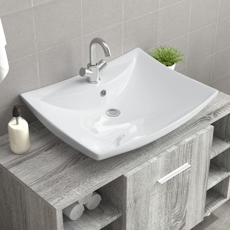 

Lavabo de cerámica rectangular con orificio de grifo y desagüe - Blanco