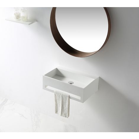 Lavabo suspendido PB2078 de resina mineral - 50 x 30 x 22 cm - blanco mate  - con toallero