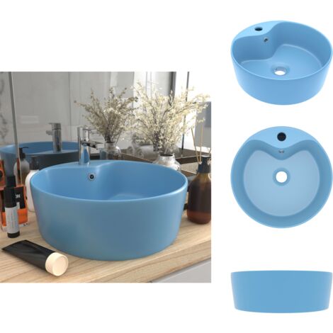 Lavabo de luxe avec trop-plein Bleu clair mat 36x13cm Céramique - Lavabo Rond - Lavabo Céramique - Lavabo Bleu - Lavabo Salle De Bain - Lavabo Moderne