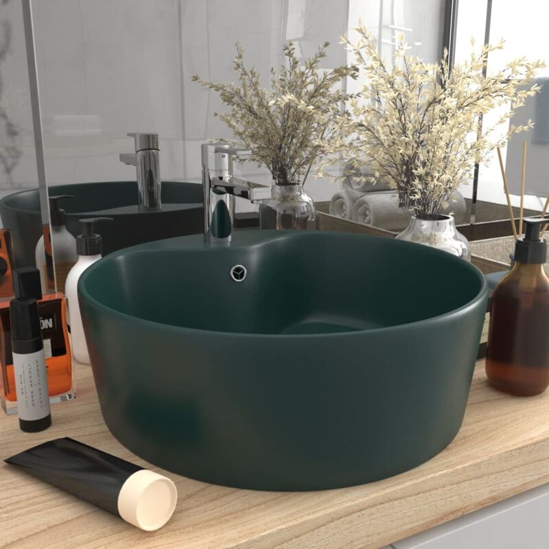 Lavandino Con Troppopieno Verde Scuro Opaco 36x13cm In Ceramica - Vidaxl