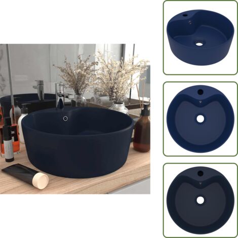 Lavabo de luxe avec trop-plein Bleu foncé mat 36x13cm Céramique - Lavabo Rond - Lavabo Céramique - Lavabo Bleu - Lavabo Salle De Bain - Lavabo Moderne