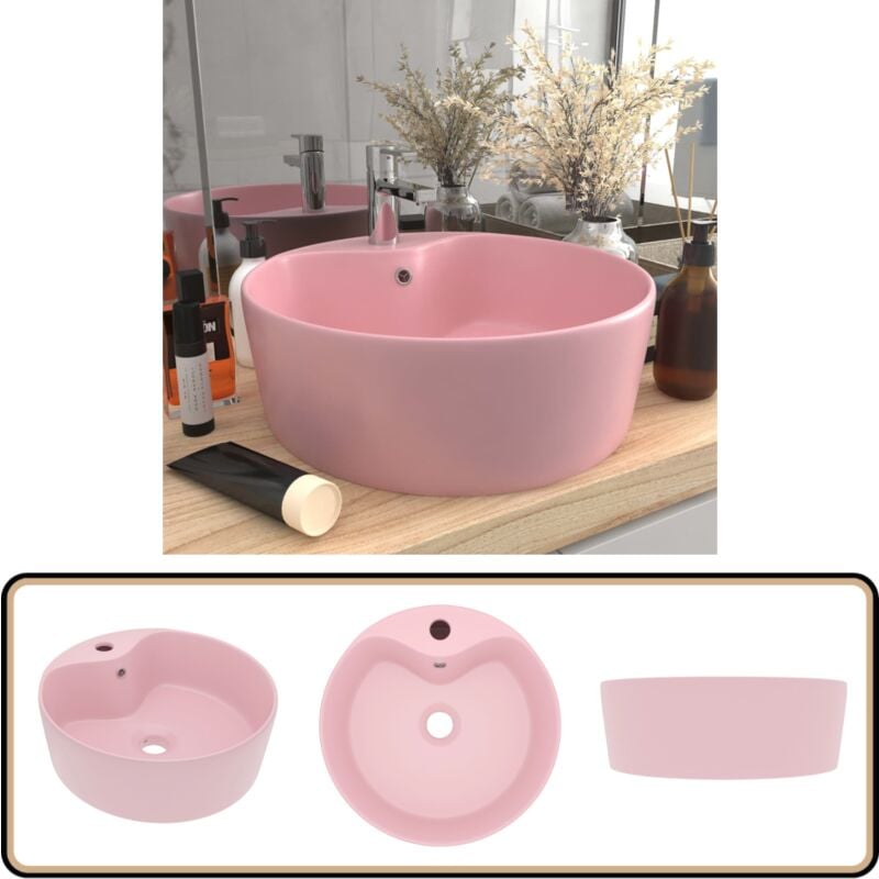 Lavabo de luxe avec trop-plein Rose mat 36x13 cm Céramique - Lavabo Rond - Lavabo Céramique - Lavabo Salle De Bain - Lavabo Rose - Lavabo Design