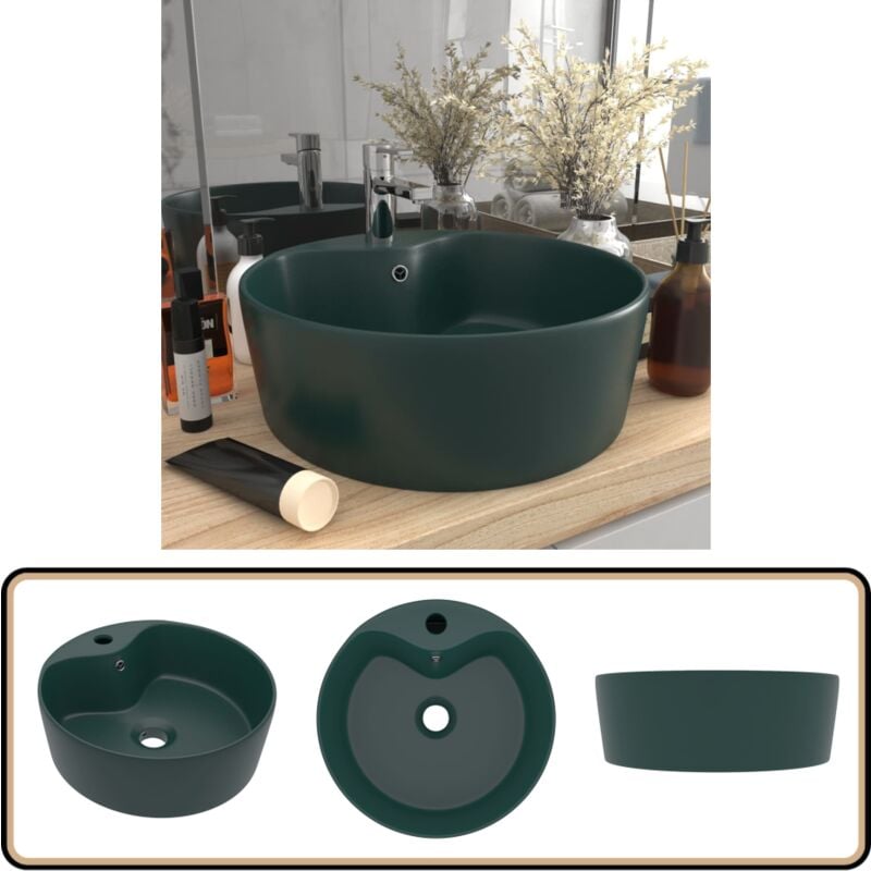 Vidaxl - Lavabo de luxe avec trop-plein Vert foncé mat 36x13cm Céramique - Lavabo Rond - Lavabo Céramique - Lavabo Salle De Bain - Lavabo Moderne