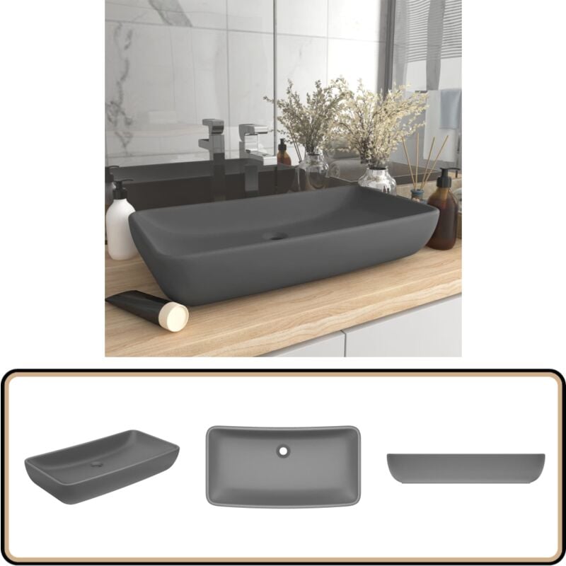 Lavabo de luxe rectangulaire Gris foncé mat 71x38 cm Céramique - Lavabo Rectangle - Lavabo Céramique - Lavabo Salle De Bain - Meuble Salle De Bain
