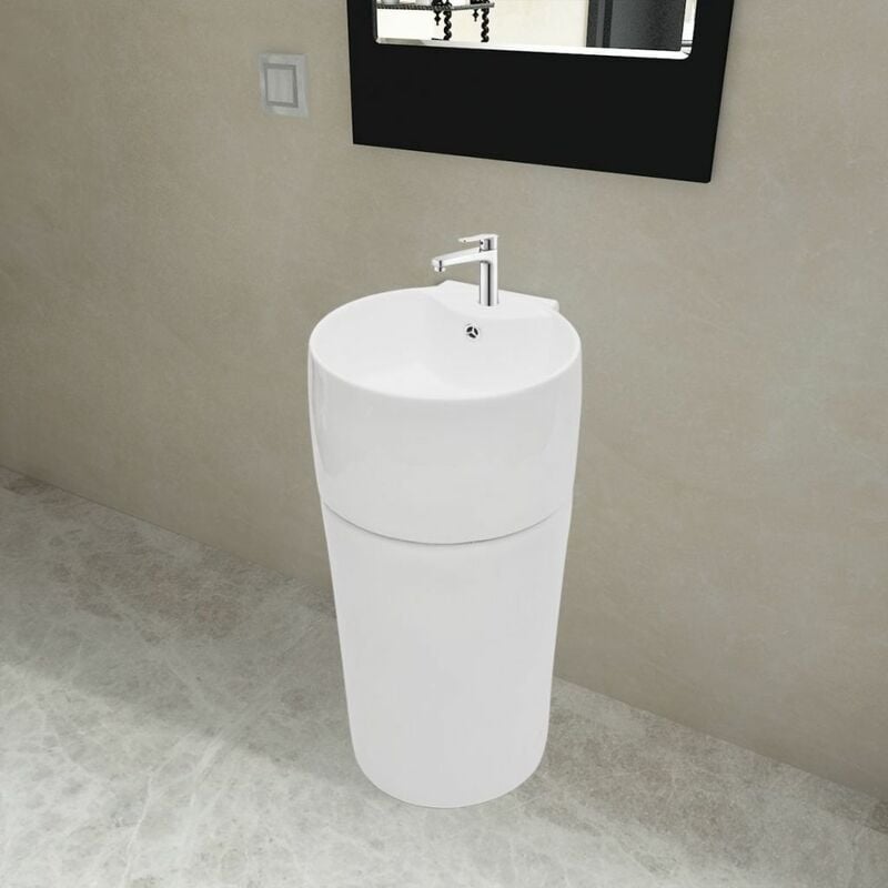 

Lavabo de pie redondo de cerámica hueco de grifo/desagüe blanco