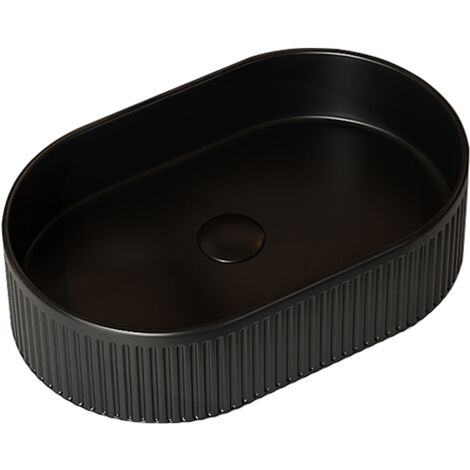Lavabo de salle de bain, 49 cm, ovale en céramique rayée, noir mat, robinetterie et meuble non inclus.