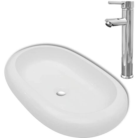 Lavabo de salle de bain 63 x 42 cm avec mitigeur céramique ovale blanc