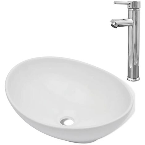 Lavabo de salle de bain avec mitigeur céramique ovale blanc
