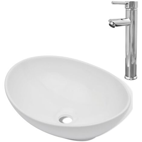 Lavabo de salle de bain avec mitigeur Céramique Ovale Blanc vidaXL - N/A