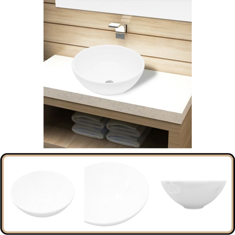 Lavabo de salle de bain Céramique Rond Blanc - Lavabo Céramique - Lavabo Rond - Lavabo Salle De Bain - Meuble Salle De Bain - Décoration Salle De Bain