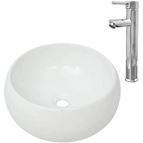 Lavabo de salle de bain diamètre 40 cm avec mitigeur céramique rond blanc