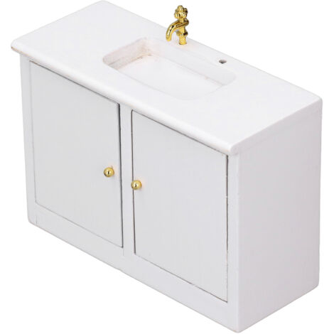 Lavabo de salle de bain miniature 1:12 en bois, évier blanc avec meuble pour maison de poupée