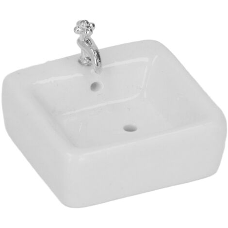 Lavabo de salle de bain miniature en céramique blanche artisanale, 1:12 pour accessoires de maison de poupée, forme ronde.