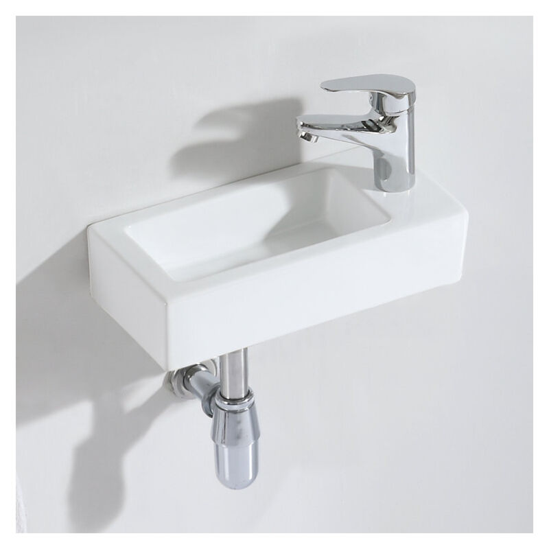 Lavabo de Salle de Bain Suspendu au Mur avec Trou de Robinet en Céramique Blanc - 37 x 18,5 x 9cm, ERI-WB-101SR