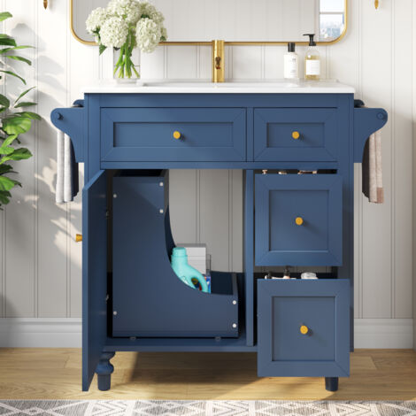 Lavabo de salle de bain,lavabo en céramique lisse,lavabo de 86 cm de haut avec tiroirs retirables et porte-serviettes