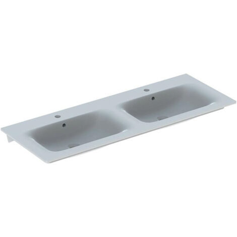 Lavabo double pour meuble Geberit Renova Plan, 130x48cm, troude robinetterie au centre, Blanc