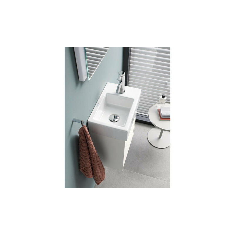 

Lavabo Duravit Vero Air 38x25 cm, sin rebosadero, con banco con agujero para grifo, 1 agujero para grifo a la derecha, parte inferior acristalada,