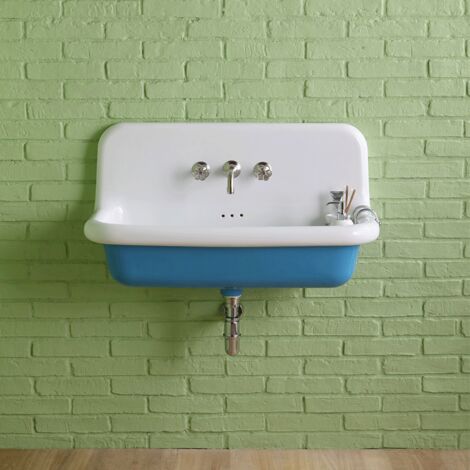 Lavabo école céramique émaillée 90 cm – Vasque rectangulaire avec trop plein – Accroches murales incluses – Bleu Azzurro 5012 – Bleu Provence