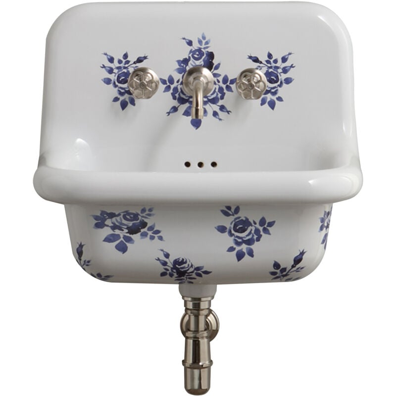 Bleu Provence - Lavabo Rétro en Céramique - 60 cm - True Colors - Flowers - Blanc