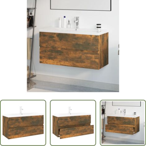Lavabo empotrado -  Mueble de baño con lavabo madera contrachapada roble ahumado