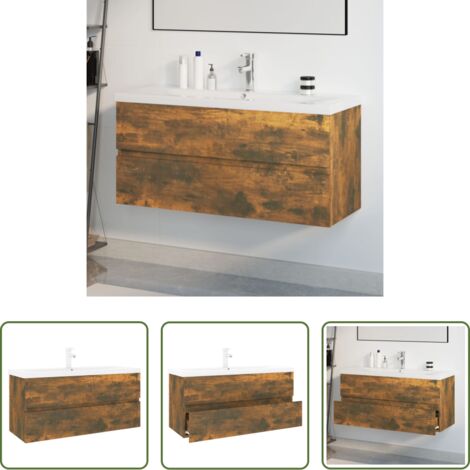 Lavabo empotrado -  Mueble de baño con lavabo madera contrachapada roble ahumado