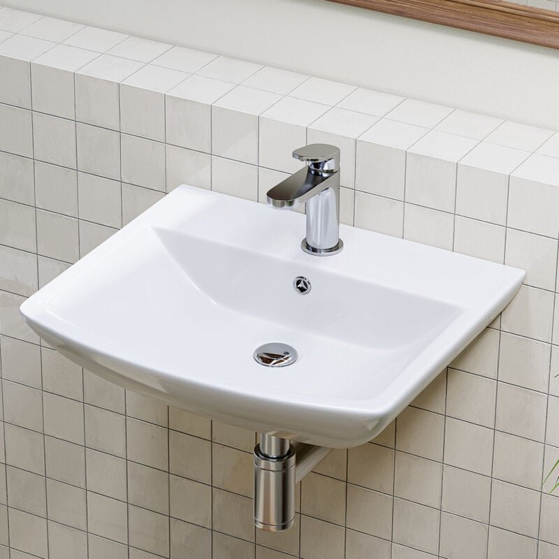 Horow - Lavabo en céramique 4842cm, lavabo mural avec 1 trou de robinetterie et trop-plein, lavabo lave-mains petit modèle en céramique blanche,