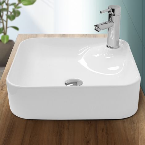 Lavabo en céramique blanc vasque a poser carré évier design moderne 435x435 mm
