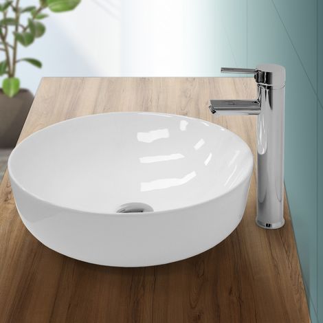 Lavabo en céramique blanc vasque a poser rond évier design moderne 400x400mm