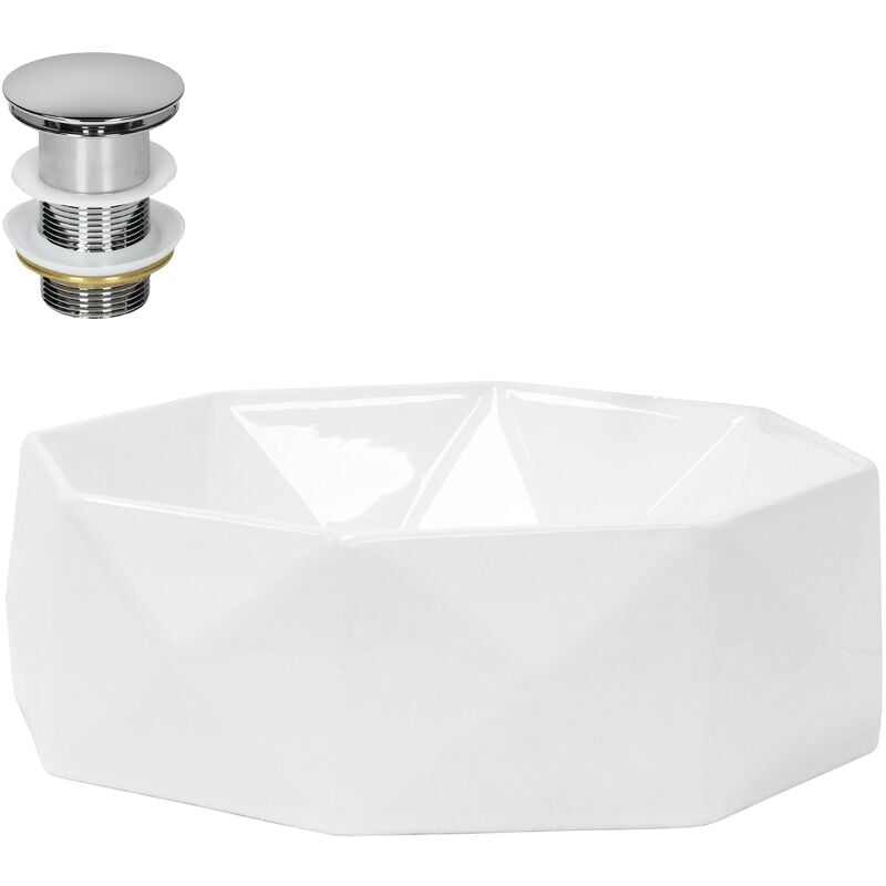 Ml-design - Lavabo en Céramique Blanc Brillant, ø 420 x 135 mm, Forme Diamant, avec Bouchon de Vidange en Laiton Chromé, Vasque à Poser Évier