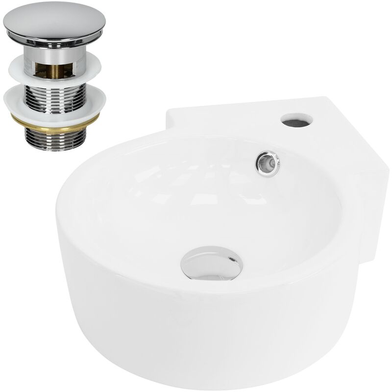 Ml-design - Lavabo d'Angle en Céramique Blanc, 45x36x13 cm, Rond, avec Bouchon de Vidage Chrome en Laiton, Trop-Plein et Trou pour Robinet Inclus,