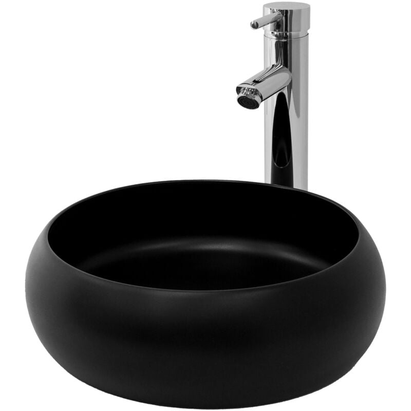 Lavabo en Céramique Noir Mat, ø 35 x 12 cm, Vasque à Poser Rond, Moderne, Cuvette avec Bouchon de Vidange sans Trop-Plein Inclus, Lave-Mains Comptoir
