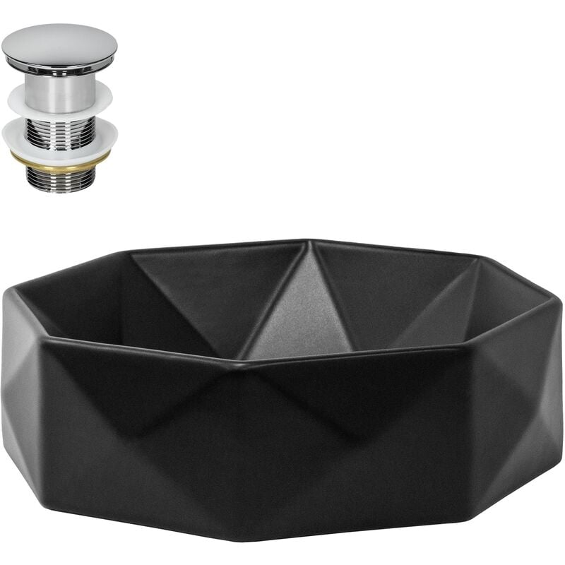 Lavabo à Poser en Céramique Noir Mat, ø 420 x 135 mm, Forme Diamant, avec Bouchon de Vidange 1 1/4 Universel Push Open, Vasque Évier Lave-Mains pour